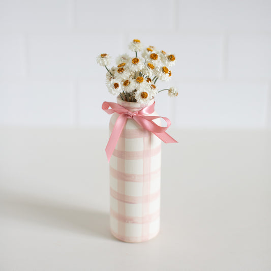 Everlasting Daisies in white & pink vase